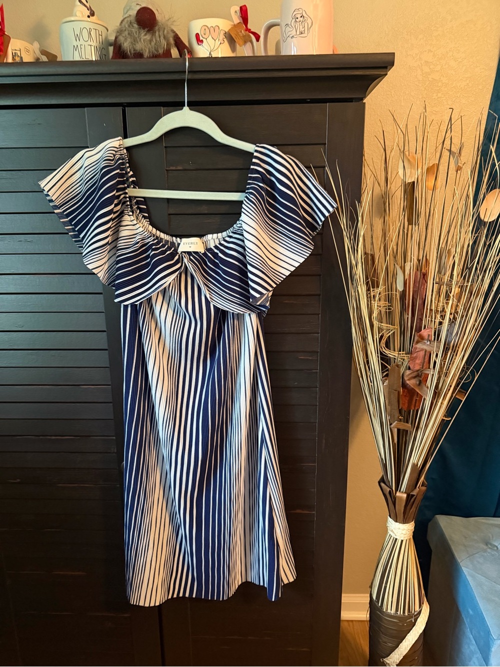 Everly Navy and White Striped Off-Shoulder Dress
